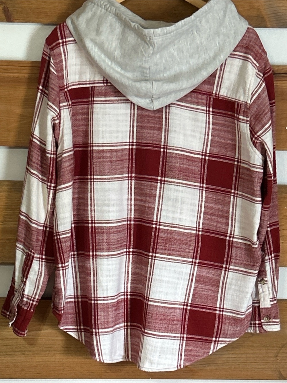 Time & Tru Long Sleeve Cream & Burnt Red Plaid Hooded Shacket Women's 2XL (20) - Picture 2 of 9